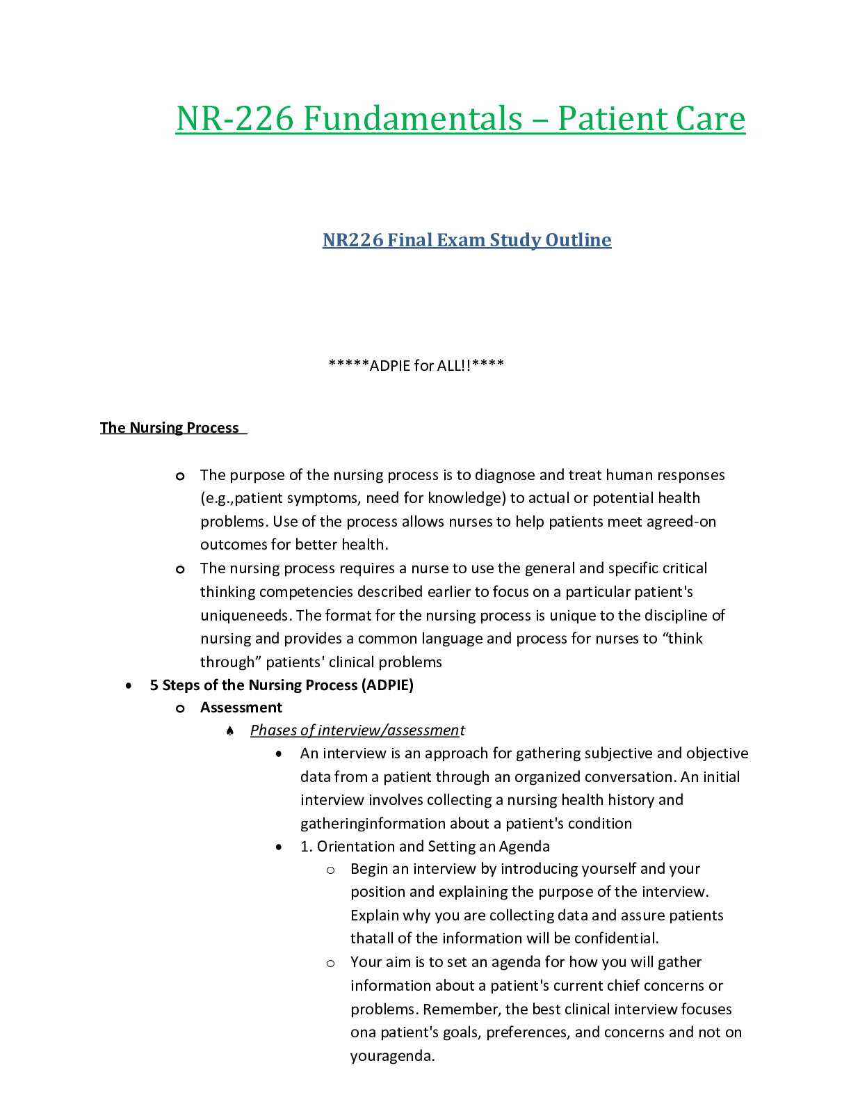 Preview of NR226 / NR-226 Final Exam Study Outline  : Fundamentals [Patient Care] - Chamberlain